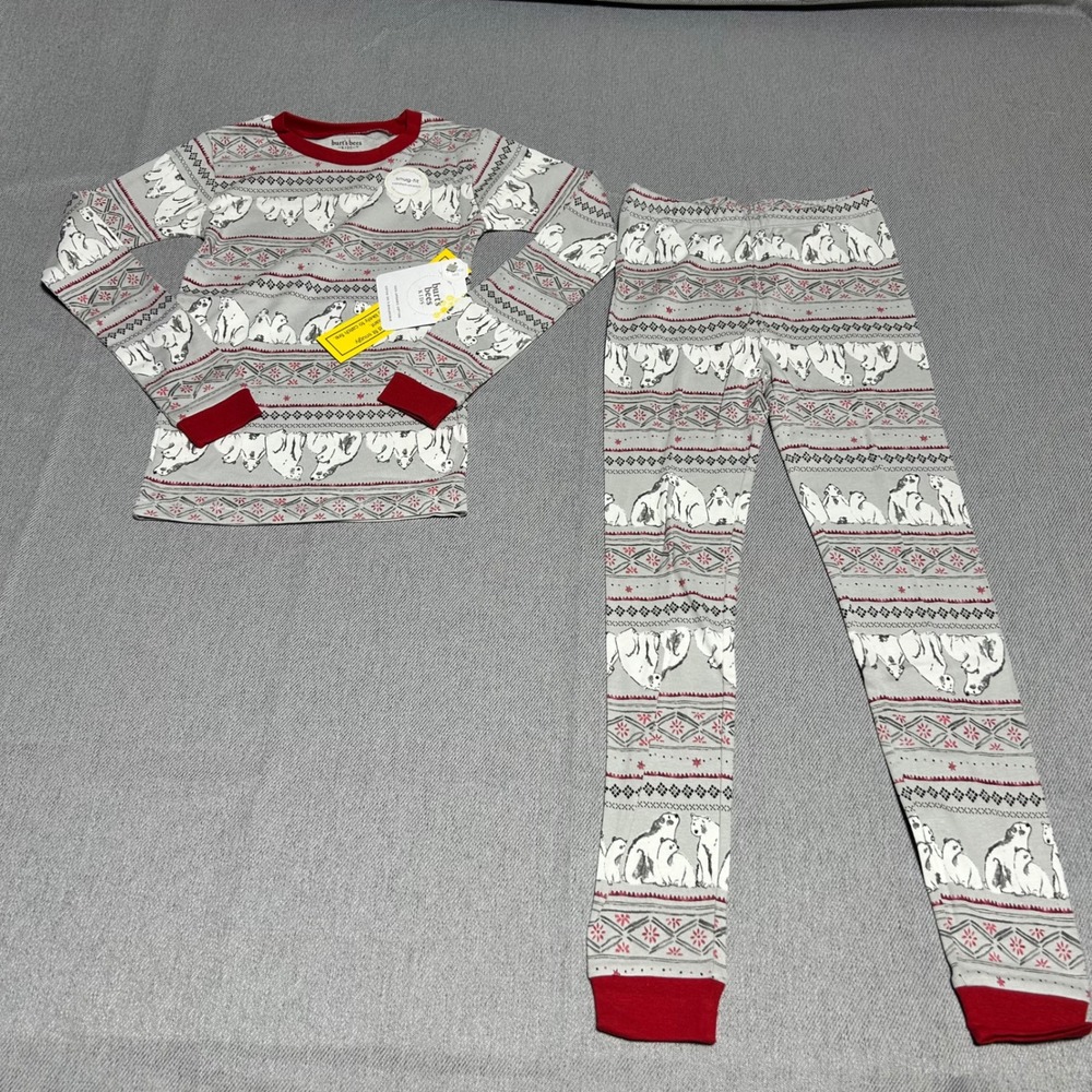 Burt's Bees Kids Polar Bear Fair Isle Pajama Set 8Y Gray Red Organic Cotton